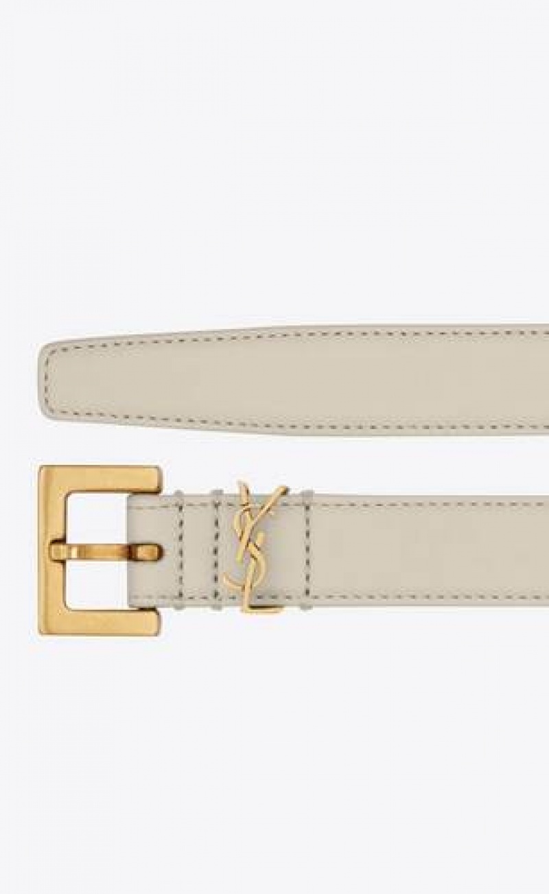 YSL Cassandre Thin Belt With Square Buckle In Box Saint Laurent Leather White Gold | Philippines_YSL78699