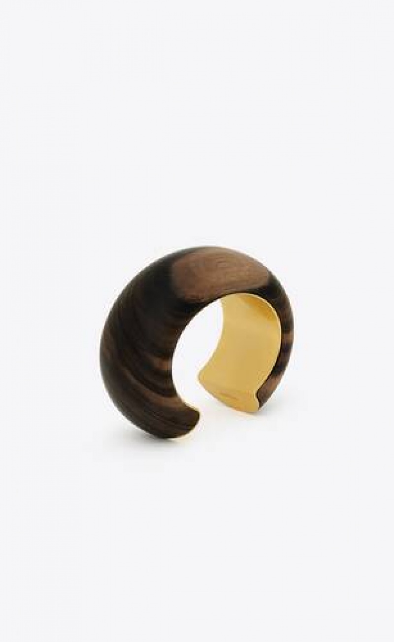 YSL Chunky Cuff In Wood And Metal Dark Brown Gold | Philippines_YSL58750