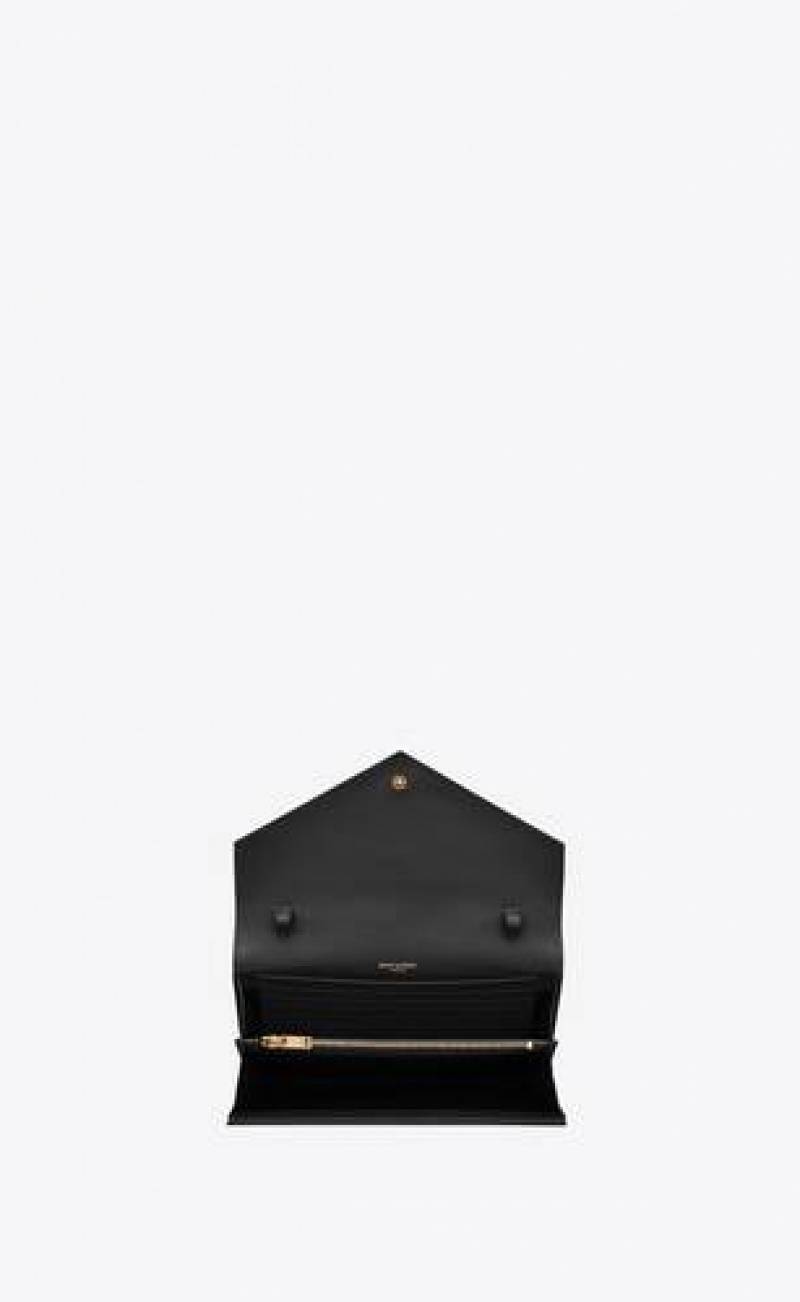 YSL Classic Cassandre Chain Wallet In Grain De Poudre Leather Black | Philippines_YSL92564