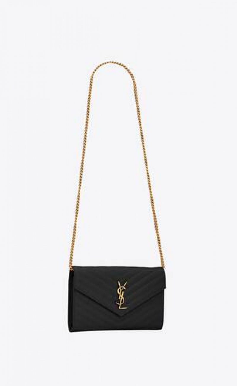 YSL Classic Cassandre Chain Wallet In Grain De Poudre Leather Black | Philippines_YSL92564