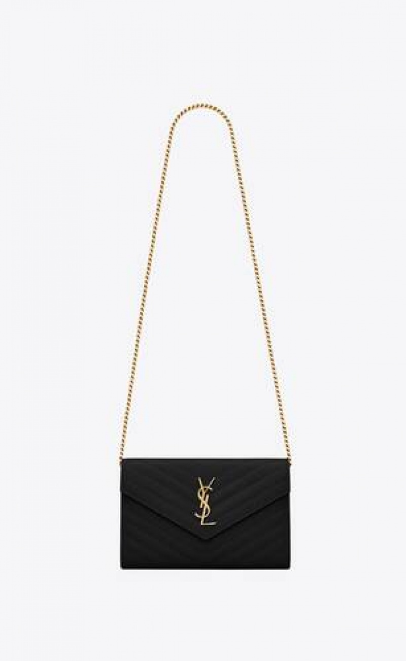 YSL Classic Cassandre Chain Wallet In Grain De Poudre Leather Black | Philippines_YSL92564