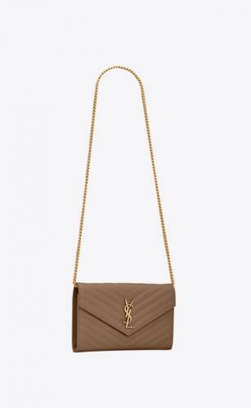 YSL Classic Cassandre Chain Wallet In Grain De Poudre Leather Grey Brown | Philippines_YSL58453