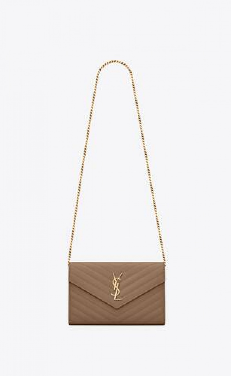 YSL Classic Cassandre Chain Wallet In Grain De Poudre Leather Grey Brown | Philippines_YSL58453