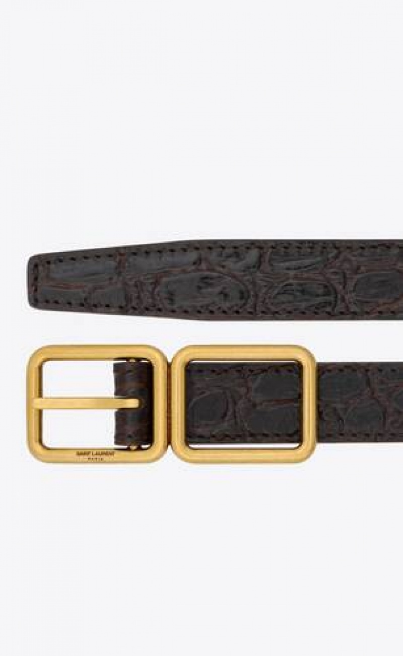 YSL Double-buckle Thin Crocodile-embossed Leather Deep Green Brown | Philippines_YSL98331