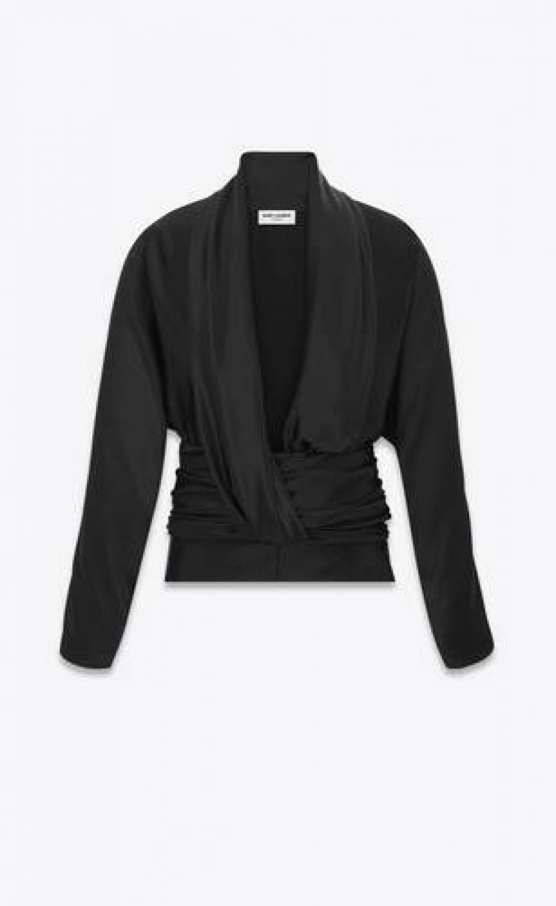 YSL Draped Blouse In Satin Crepe Black | Philippines_YSL56485