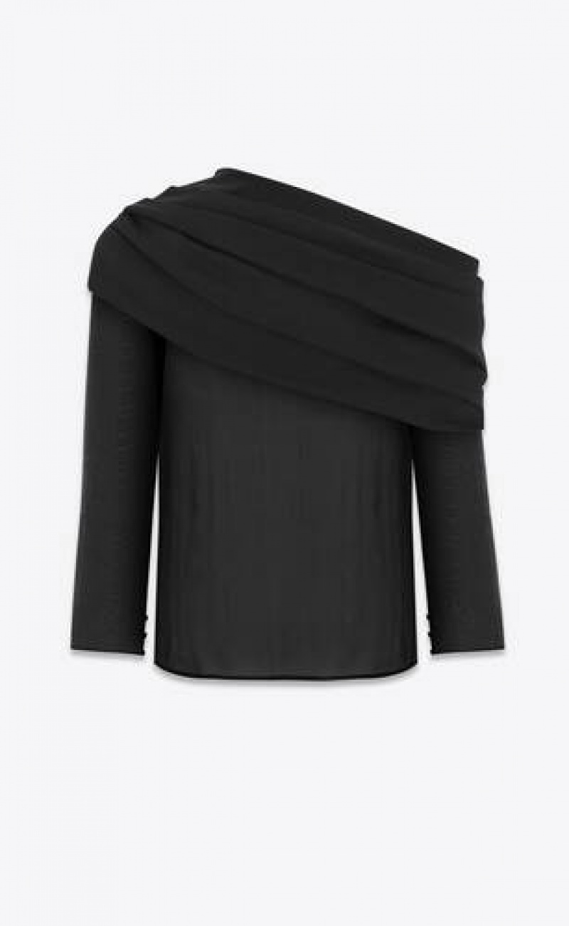 YSL Draped One-shoulder Blouse In Silk Muslin Black | Philippines_YSL50766