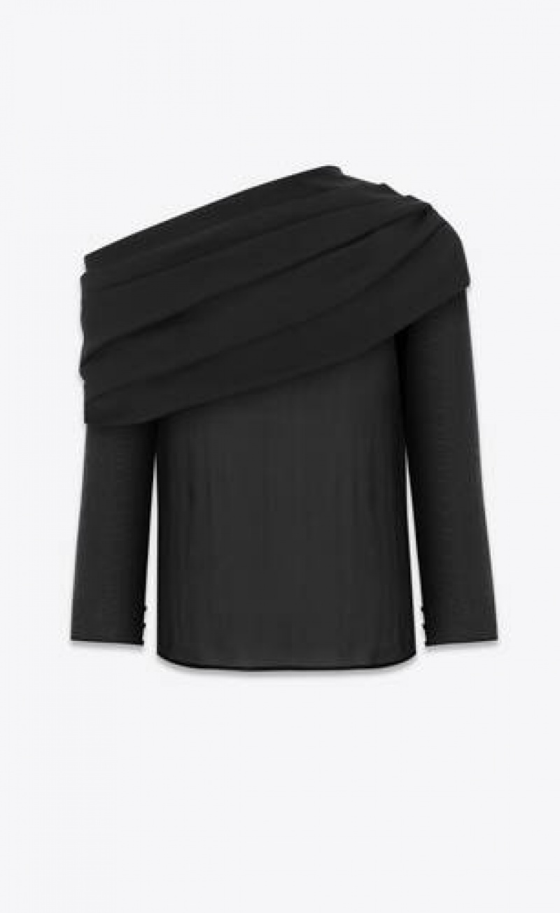 YSL Draped One-shoulder Blouse In Silk Muslin Black | Philippines_YSL50766