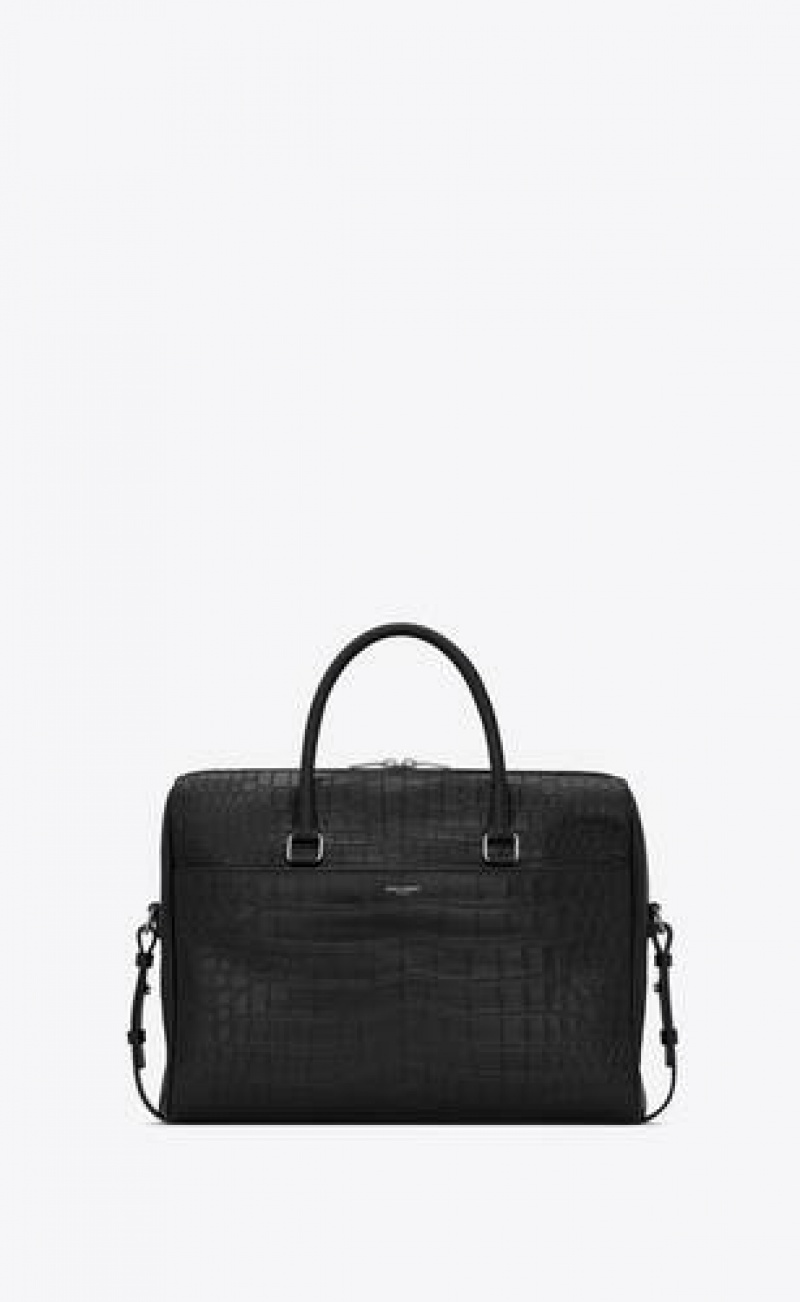 YSL Duffle Saint Laurent Crocodile-embossed Matte Leather Black | Philippines_YSL40726