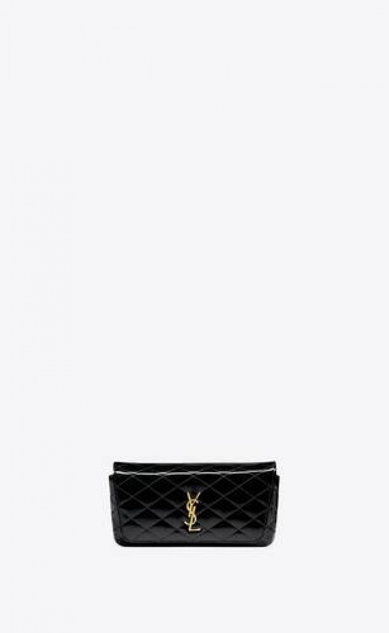 YSL Gaby Chain Phone Holder In Quilted Patent Leather Black | Philippines_YSL65290