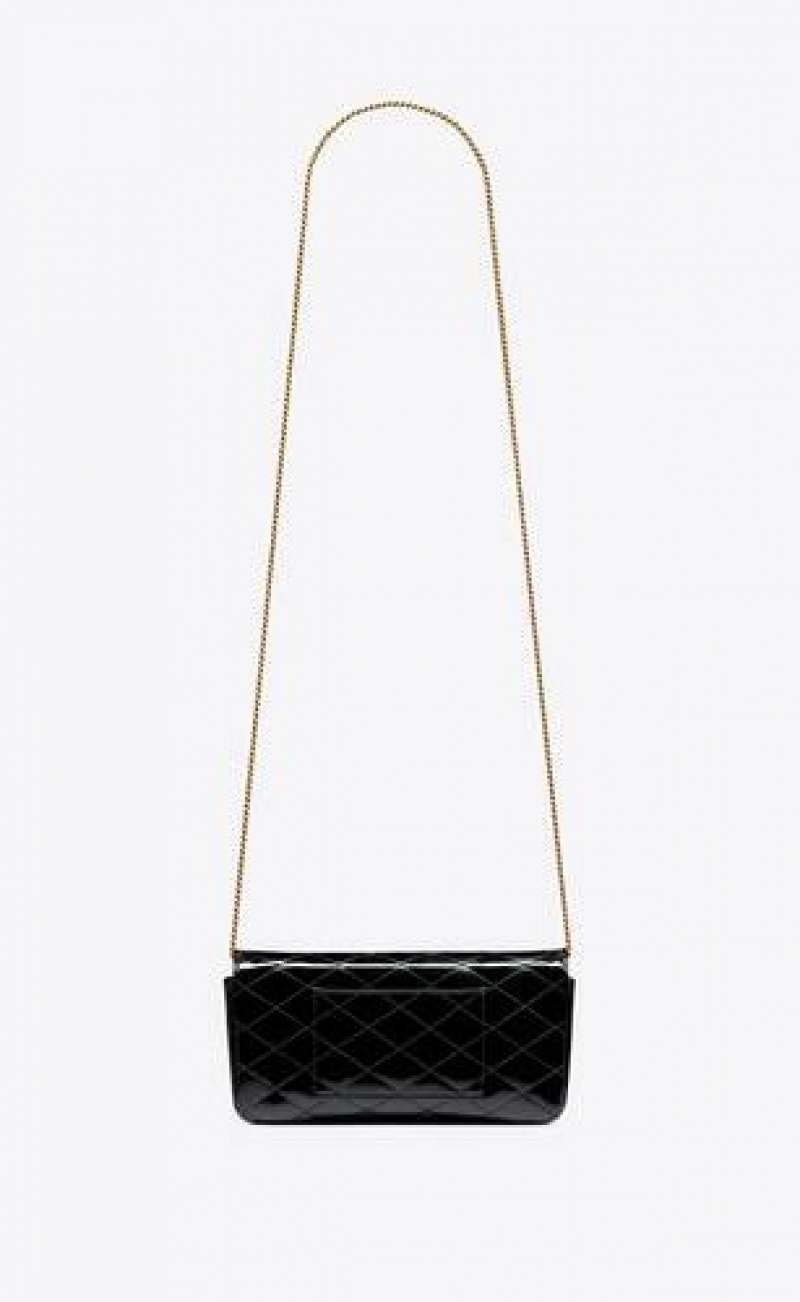 YSL Gaby Chain Phone Holder In Quilted Patent Leather Black | Philippines_YSL65290