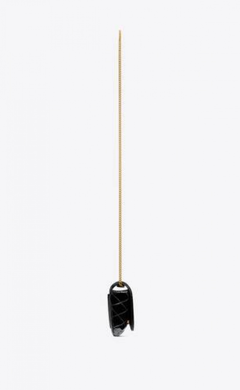 YSL Gaby Chain Phone Holder In Quilted Patent Leather Black | Philippines_YSL65290