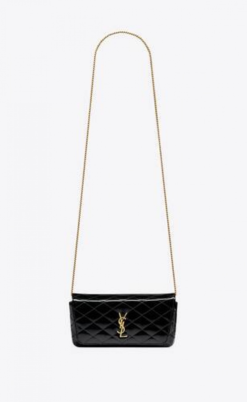 YSL Gaby Chain Phone Holder In Quilted Patent Leather Black | Philippines_YSL65290