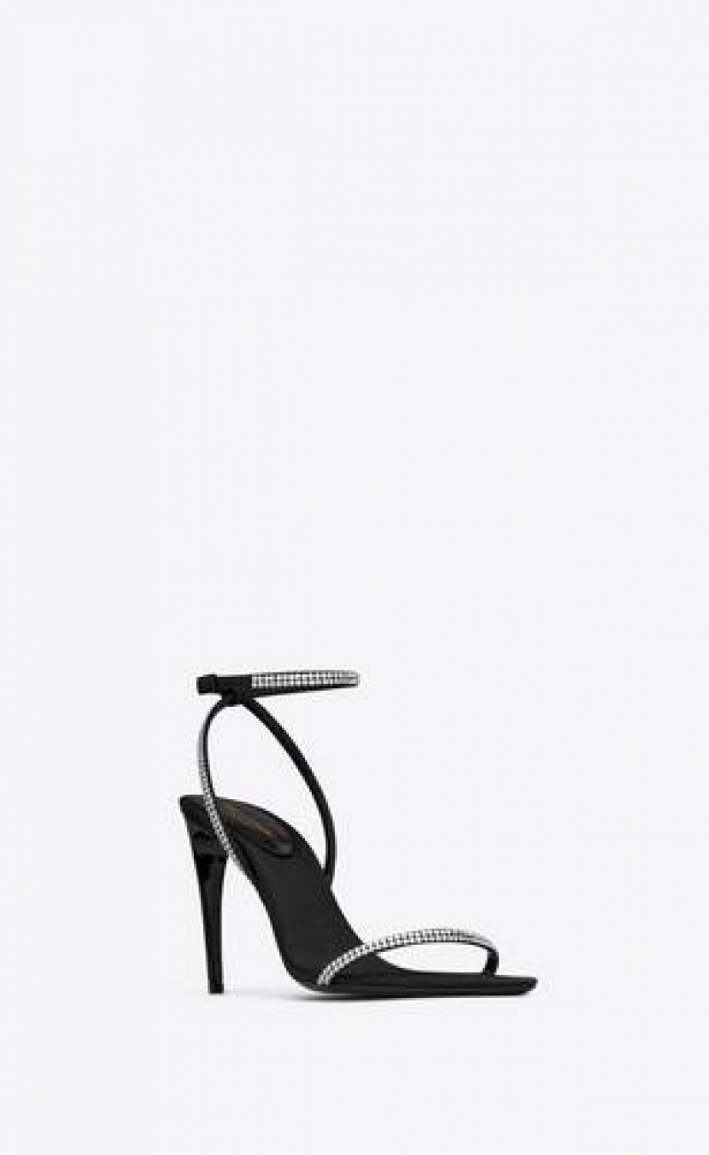 YSL Georgia Sandals In Crepe Satin With Rhinestones Black | Philippines_YSL65405