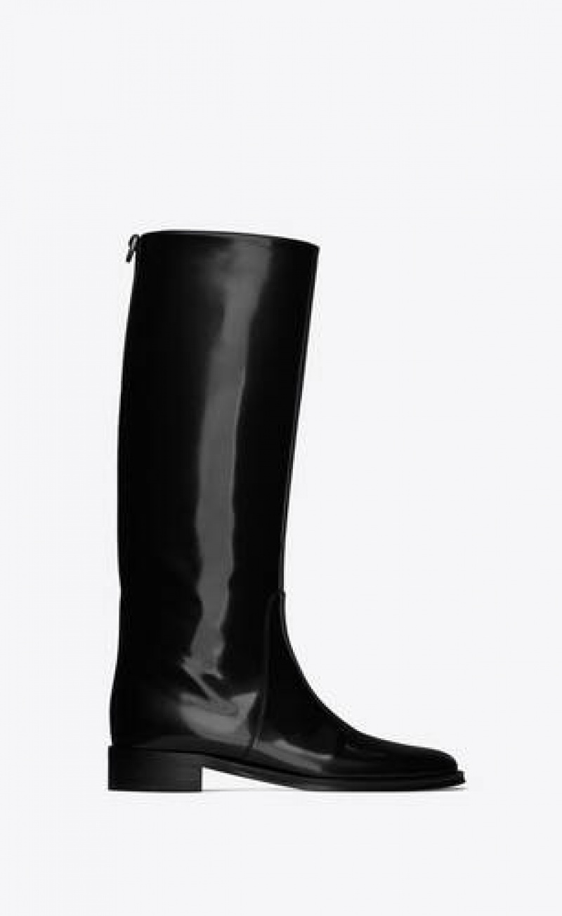 YSL Hunt Boots In Glazed Leather Black | Philippines_YSL48277