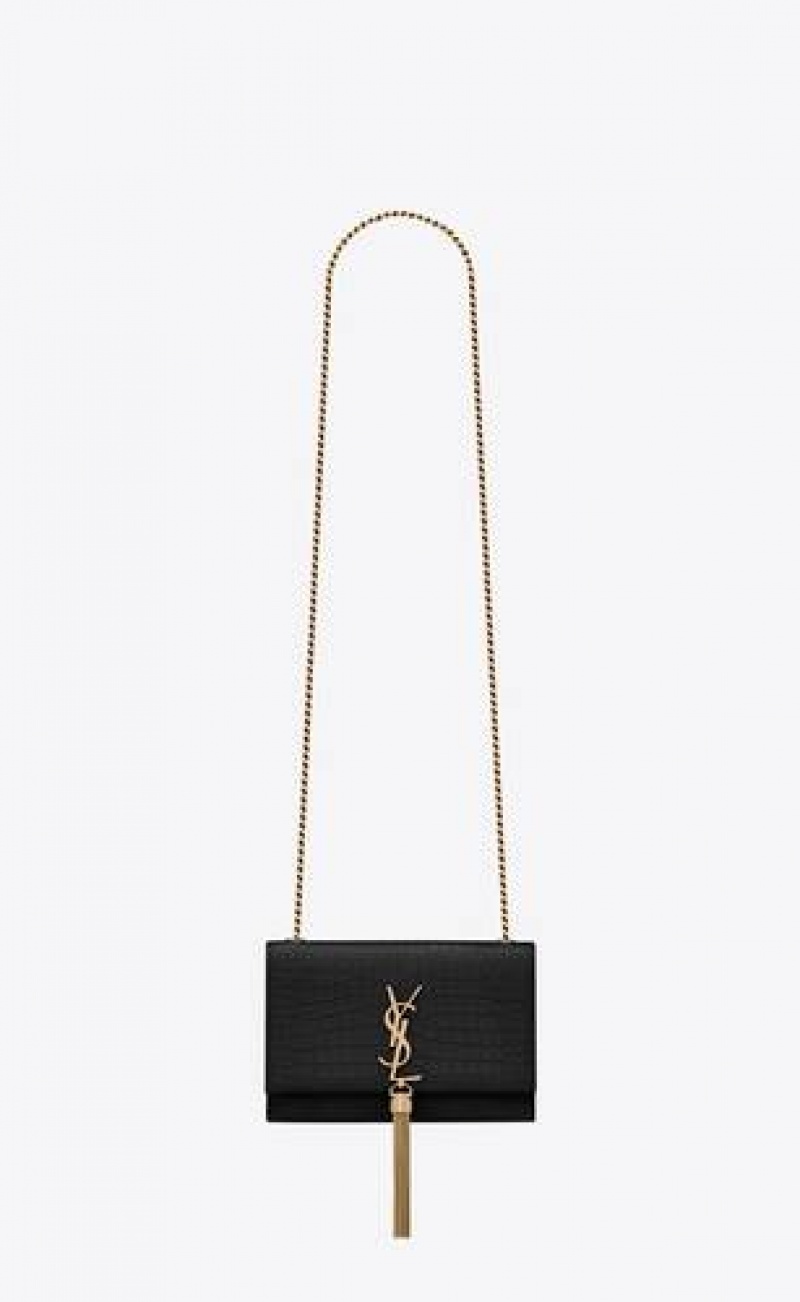 YSL Kate Small Tassel In Crocodile-embossed Leather Black | Philippines_YSL60558