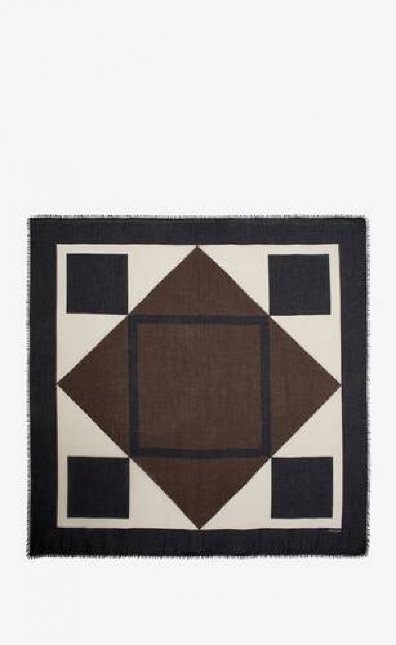 YSL Large Square Scarf In Modal And Cashmere Brown Black | Philippines_YSL49924