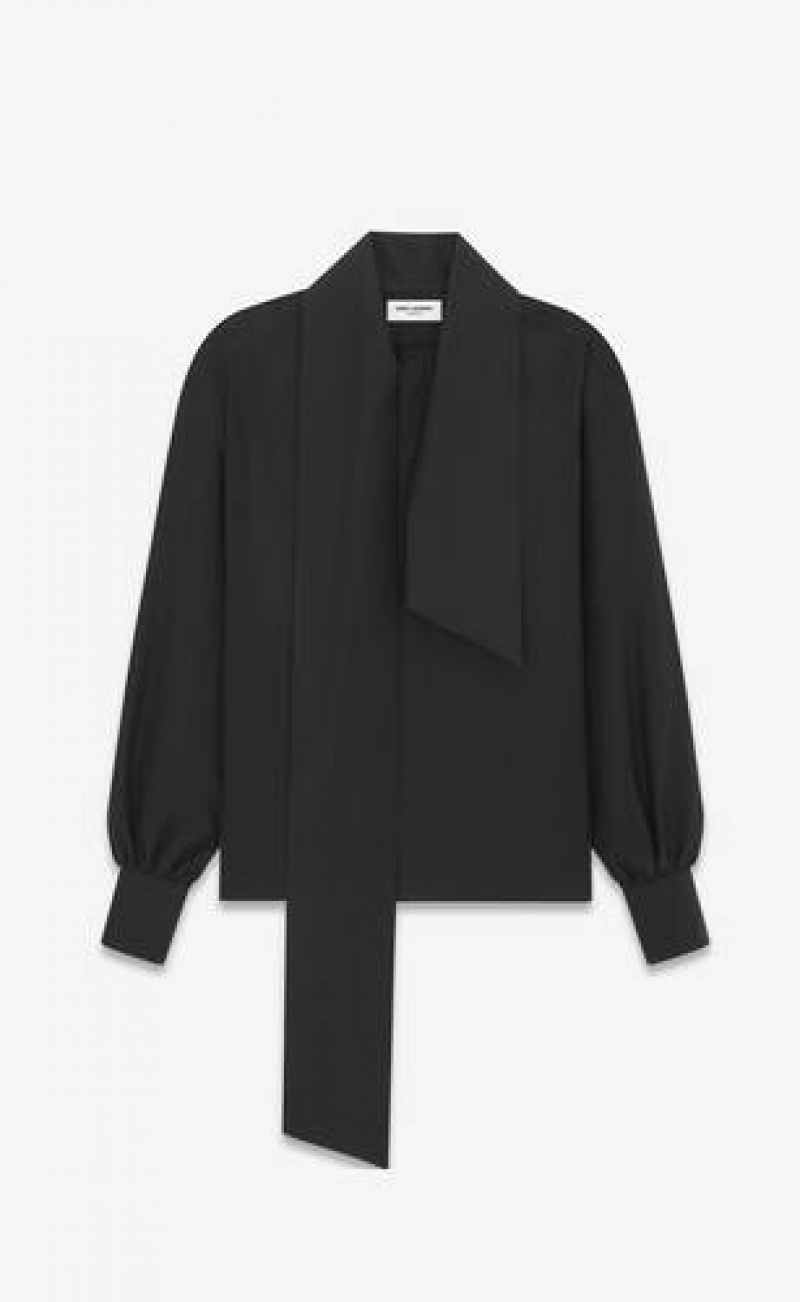 YSL LavallièRe-neck Blouse In Cotton Poplin Black | Philippines_YSL83675