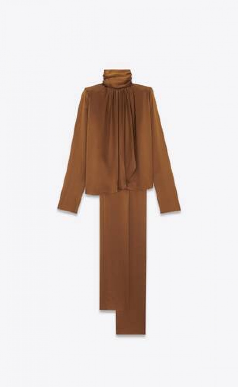 YSL LavallièRe-neck Blouse In Silk Satin Crepe Brown | Philippines_YSL21557