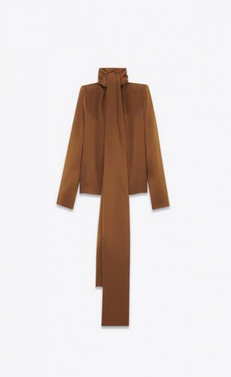 YSL LavallièRe-neck Blouse In Silk Satin Crepe Brown | Philippines_YSL21557