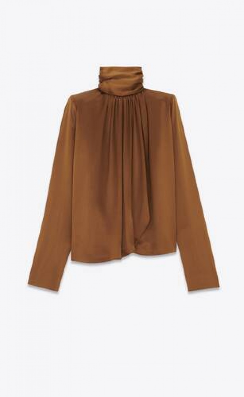 YSL LavallièRe-neck Blouse In Silk Satin Crepe Brown | Philippines_YSL21557