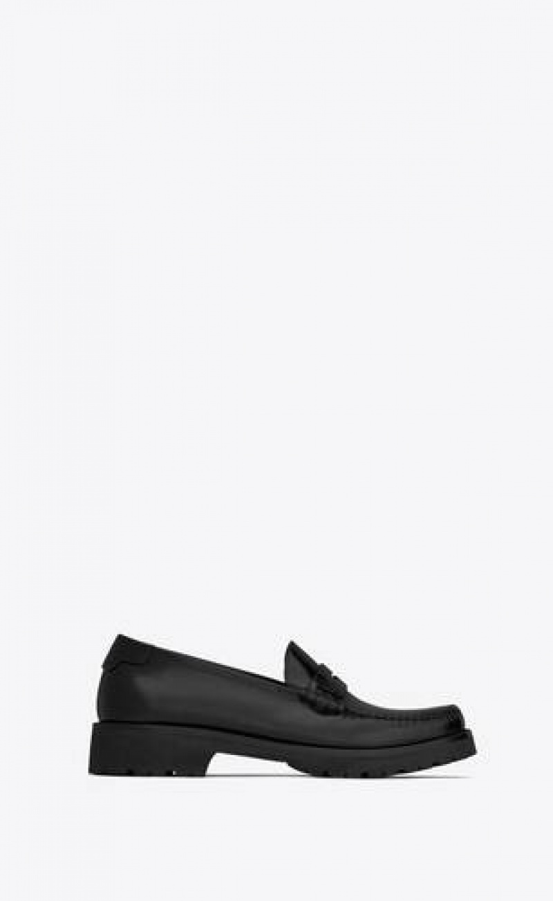 YSL Le Chunky Penny Slippers In Glazed Leather Black | Philippines_YSL48871