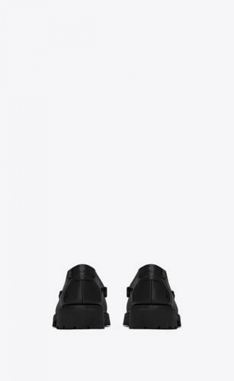 YSL Le Chunky Penny Slippers In Glazed Leather Black | Philippines_YSL48871