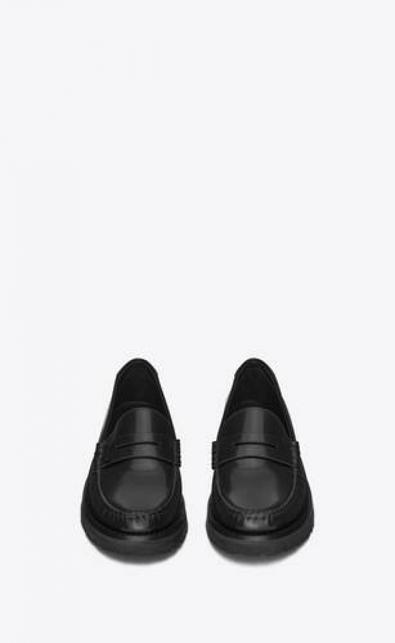 YSL Le Chunky Penny Slippers In Glazed Leather Black | Philippines_YSL48871