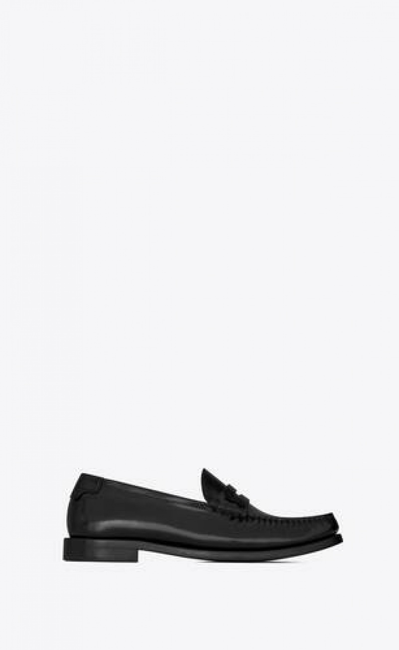 YSL Le Loafer Penny Slippers In Glazed Leather Black | Philippines_YSL48299