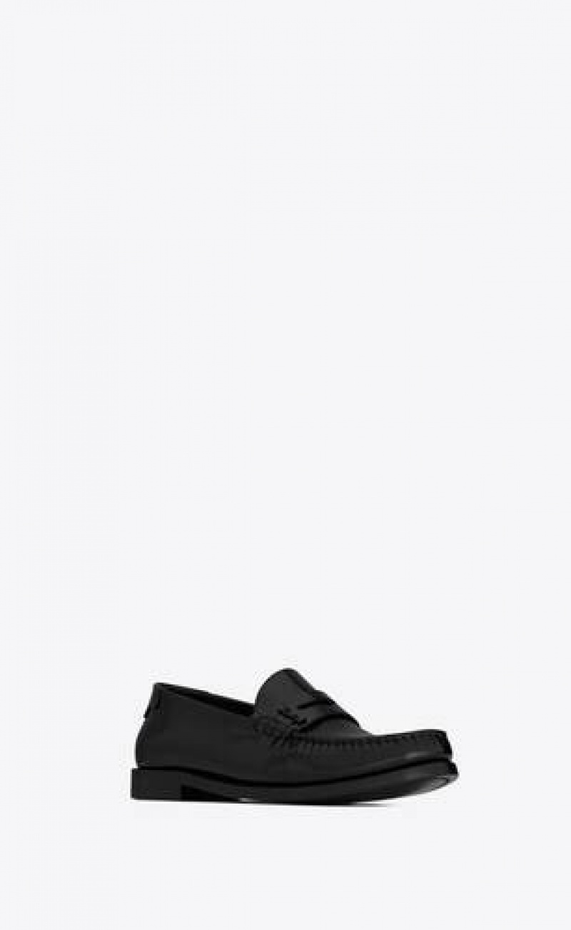 YSL Le Loafer Penny Slippers In Glazed Leather Black | Philippines_YSL48299