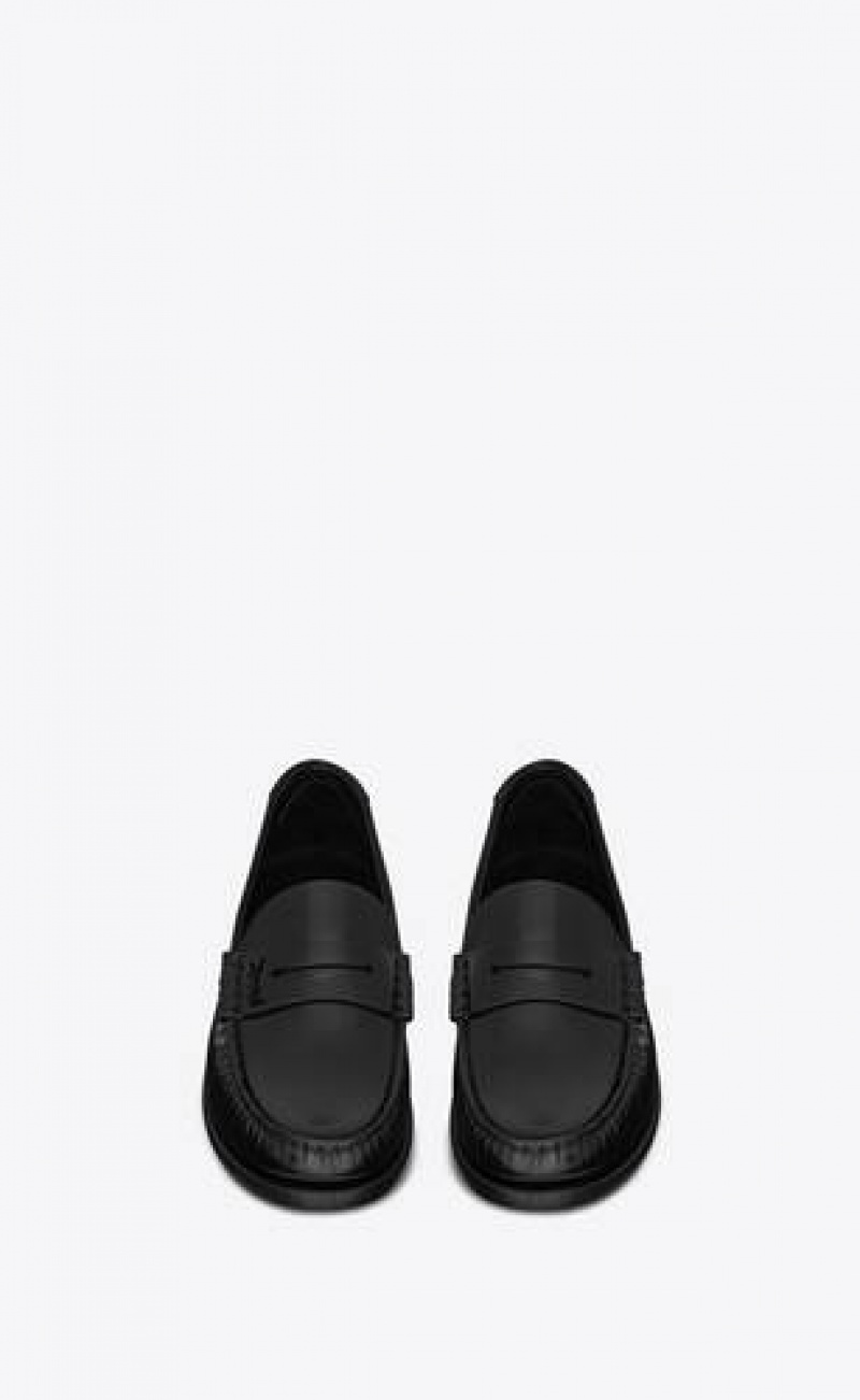 YSL Le Loafer Penny Slippers In Glazed Leather Black | Philippines_YSL48299