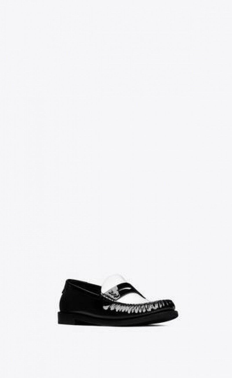 YSL Le Penny Slippers In Patent Leather Black White | Philippines_YSL77610