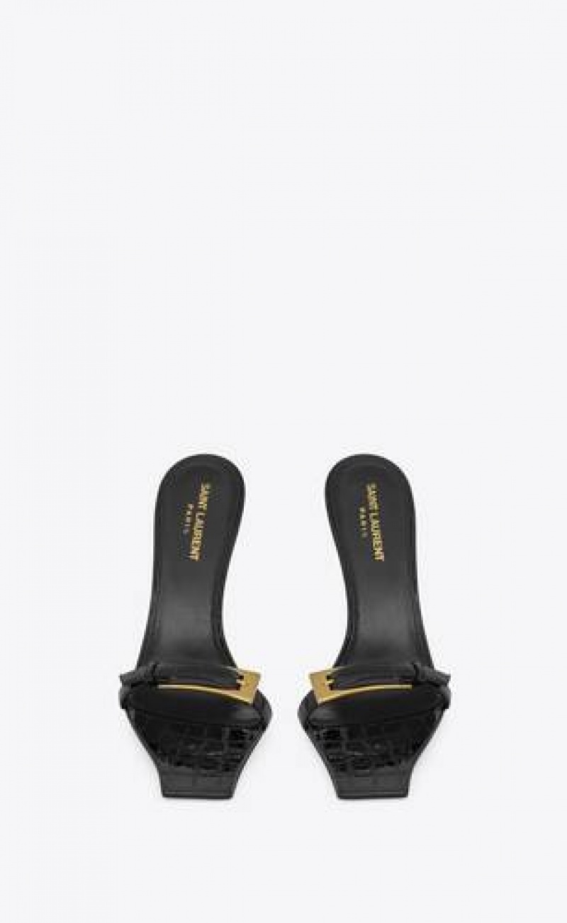 YSL Lee Mules In Crocodile-embossed Leather Black | Philippines_YSL13524