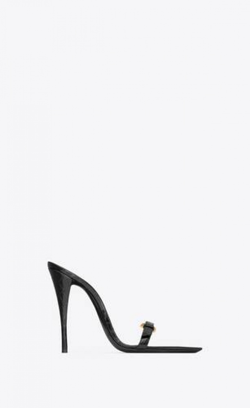 YSL Lee Mules In Crocodile-embossed Leather Black | Philippines_YSL13524