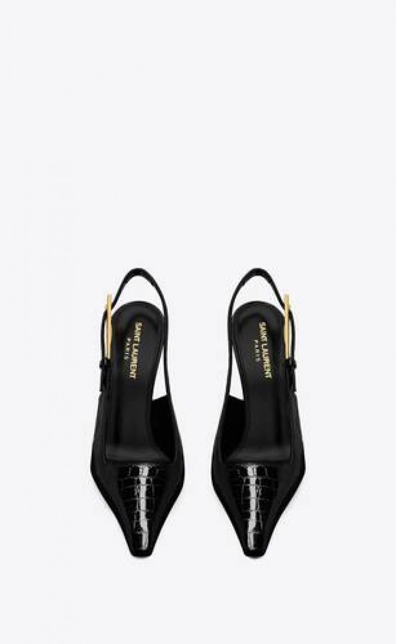 YSL Lee Slingback Pumps In Crocodile-embossed Leather Black | Philippines_YSL32716