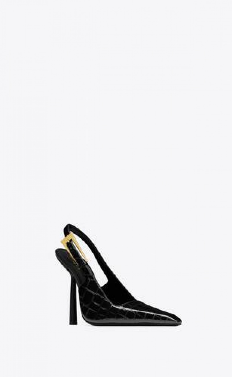 YSL Lee Slingback Pumps In Crocodile-embossed Leather Black | Philippines_YSL32716