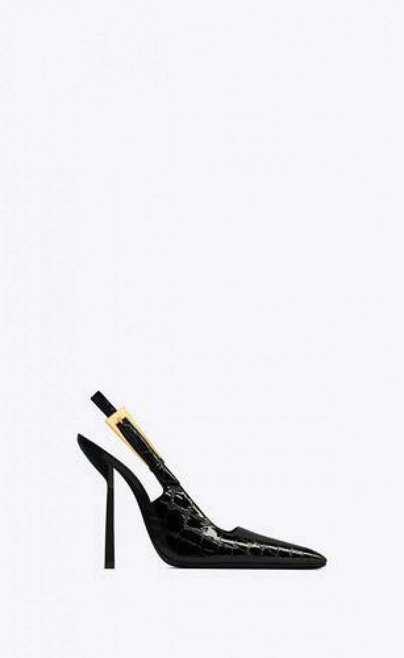 YSL Lee Slingback Pumps In Crocodile-embossed Leather Black | Philippines_YSL32716