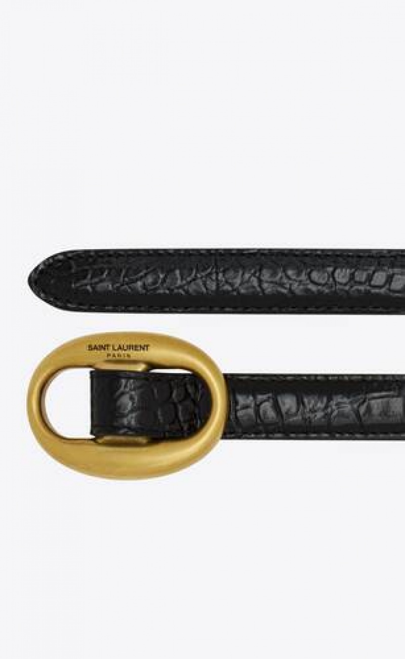 YSL Oval Buckle Belt Thin Crocodile-embossed Leather Black | Philippines_YSL94496