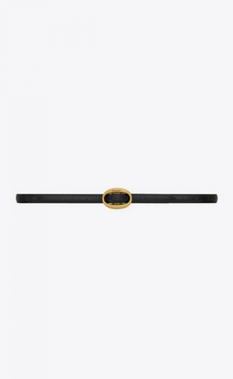 YSL Oval Buckle Belt Thin Crocodile-embossed Leather Black | Philippines_YSL94496