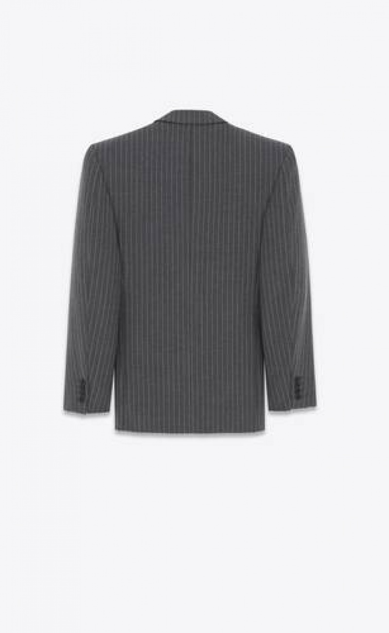 YSL Oversized Striped Wool Flannel Dark Grey | Philippines_YSL11793