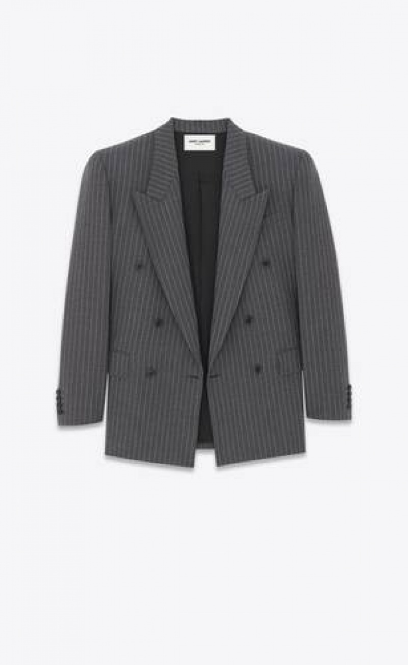 YSL Oversized Striped Wool Flannel Dark Grey | Philippines_YSL11793