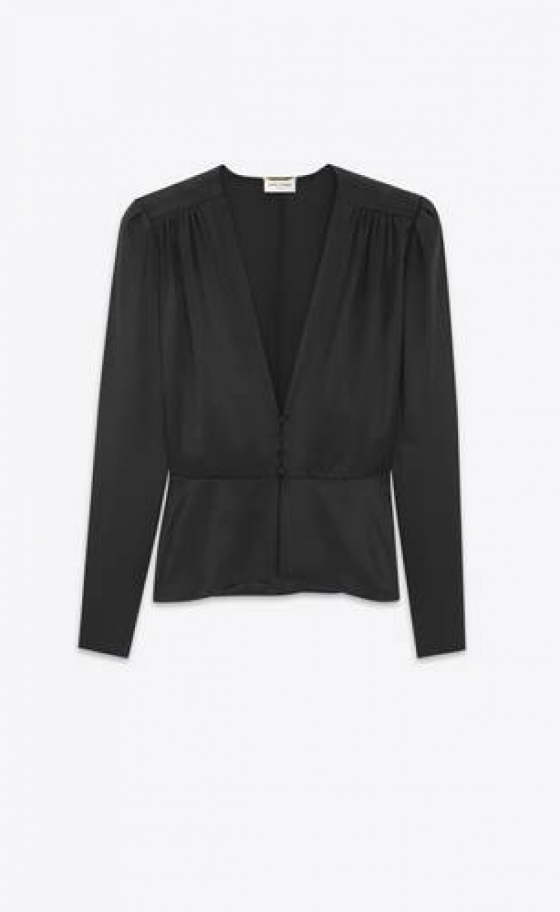 YSL Peplum Blouse In Silk Satin Crepe Black | Philippines_YSL64997