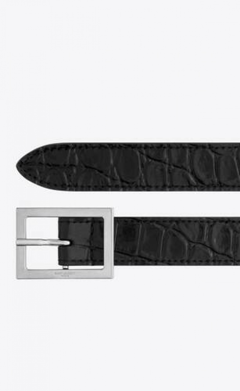 YSL Rectangular Buckle Thin Lacquered Crocodile-embossed Leather Black | Philippines_YSL23689