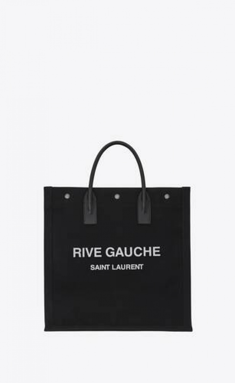 YSL Rive Gauche North/South Tote Bag In Printed Canvas And Leather Black | Philippines_YSL45415