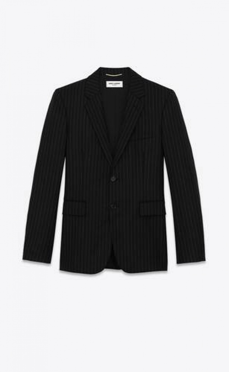 YSL Rive Gauche Striped Flannel Black White | Philippines_YSL93856