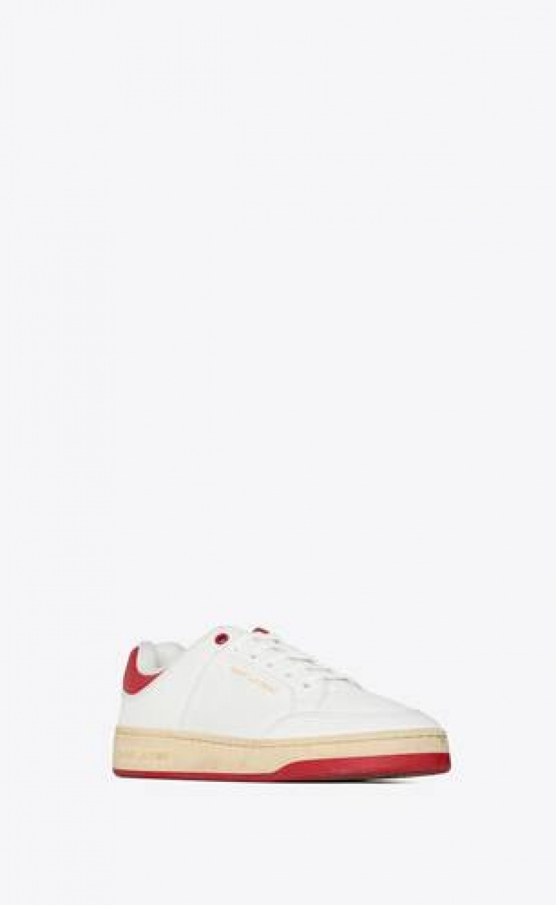 YSL Sl/61 Sneakers In Grained Leather White Red | Philippines_YSL88778