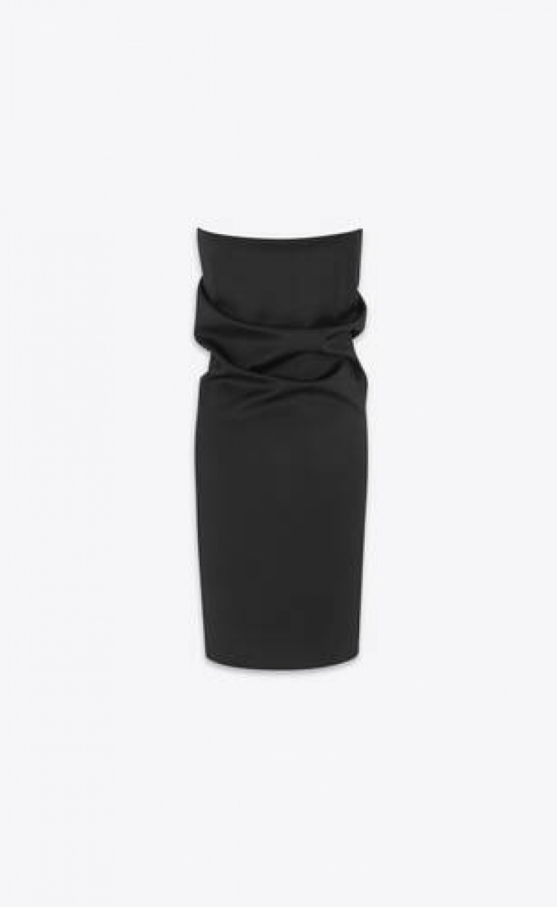 YSL Strapless Pencil Stretch Satin Wool Black | Philippines_YSL91266