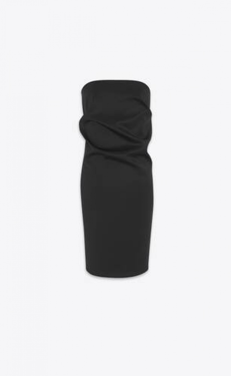 YSL Strapless Pencil Stretch Satin Wool Black | Philippines_YSL91266