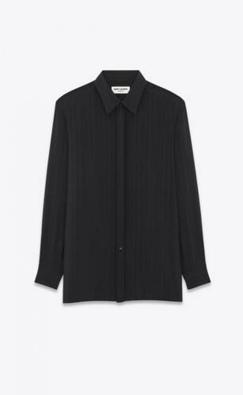 YSL Striped Silk Crepe De Chine Black | Philippines_YSL38721