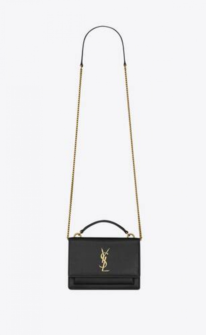 YSL Sunset Chain Wallet In Coated Bark Leather Black | Philippines_YSL60776