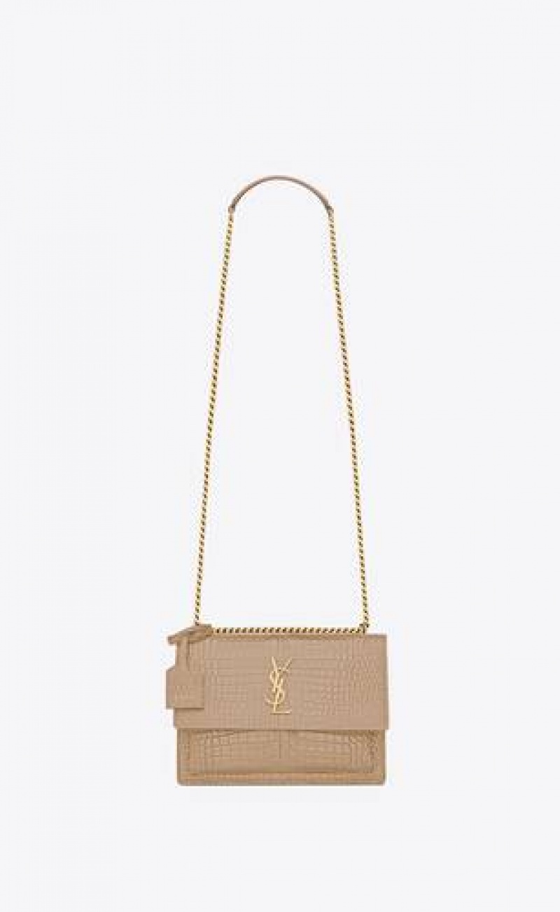 YSL Sunset Medium In Crocodile-embossed Leather Dark Beige | Philippines_YSL61521